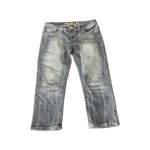 Rue21 Blue Denim Jeans Embellished Pockets Women's‎ Size 7/8 Fleur de Lis